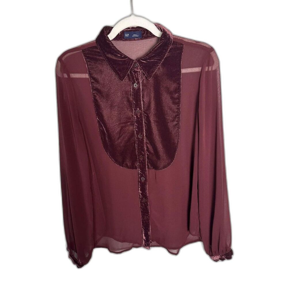 GAP Burgundy Sheer Chiffon Velvet Bib Blouse Top Small Maroon Vampy Whimsigoth